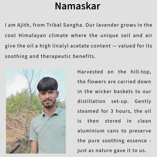 Tribal Sangha's lavender oil distiller with text about the cultivation and traditional steam-distillation craft in the Himalayas