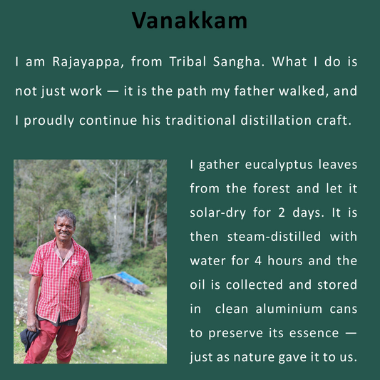 Tribal Sangha's eucalyptus oil distiller with text about the traditional steam-distillation craft in the Nilgiris