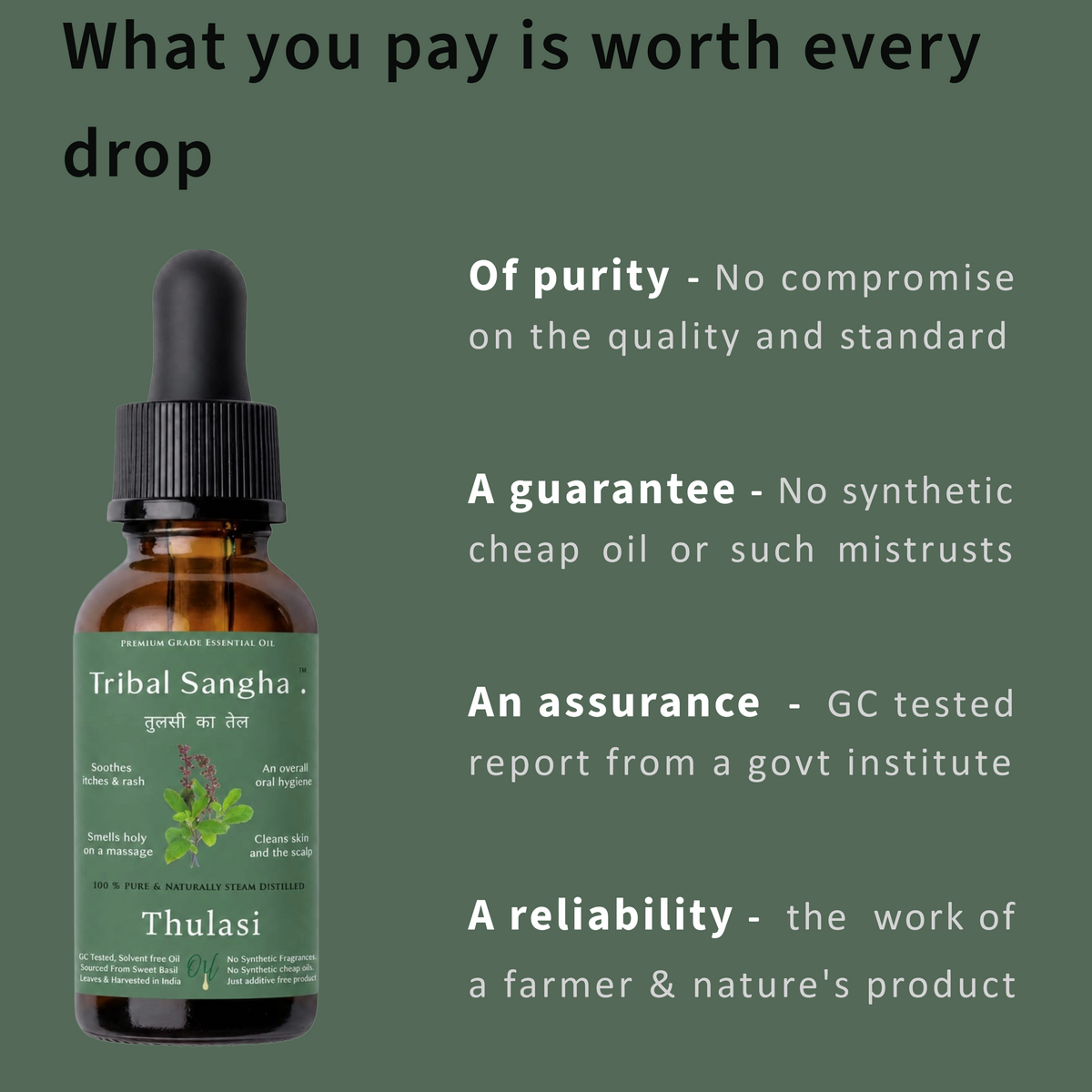 Basil essential oil bottle highlighting purity, quality standards and GC testing
