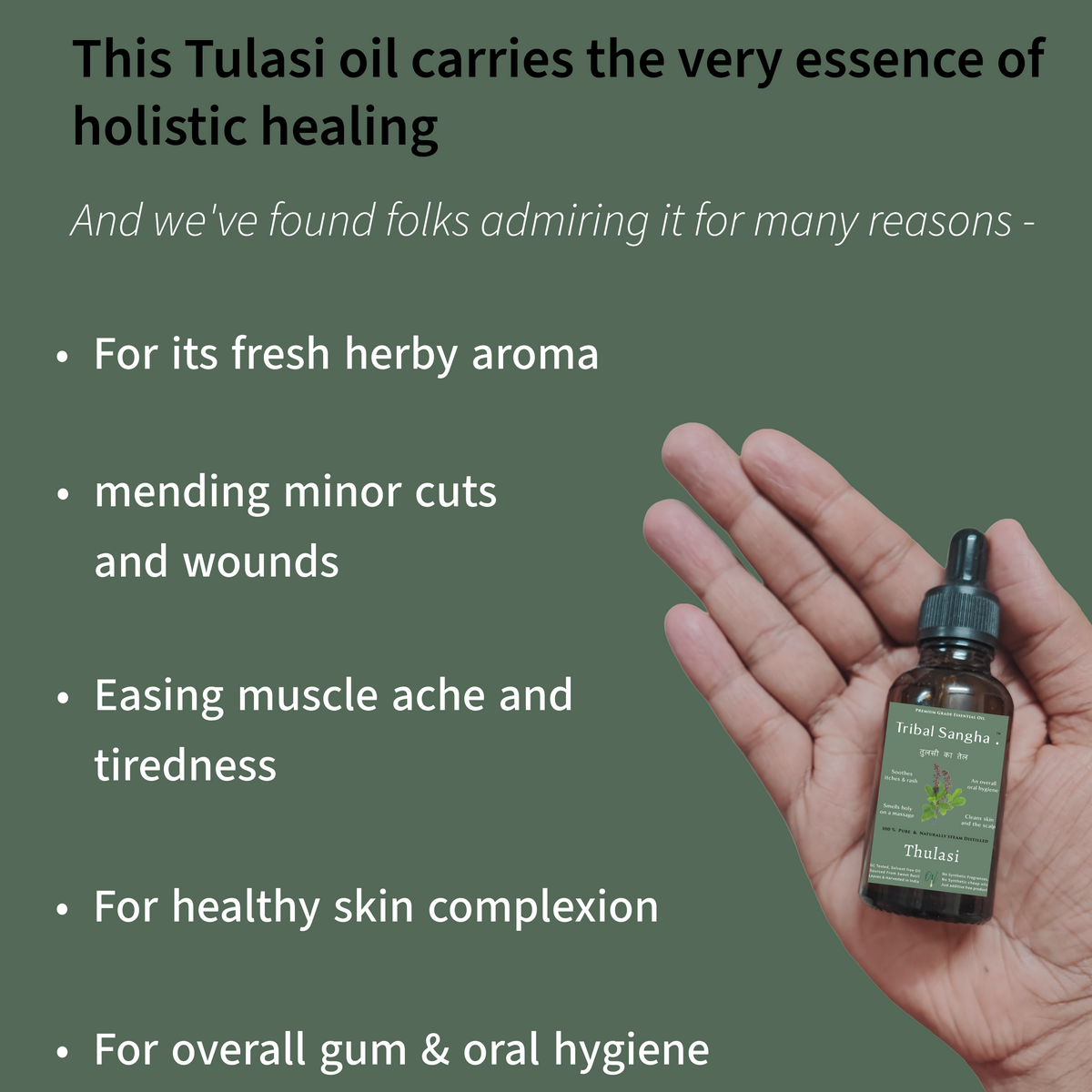 Basil essential oil bottle held in hand with text describing its traditional uses and health benefits