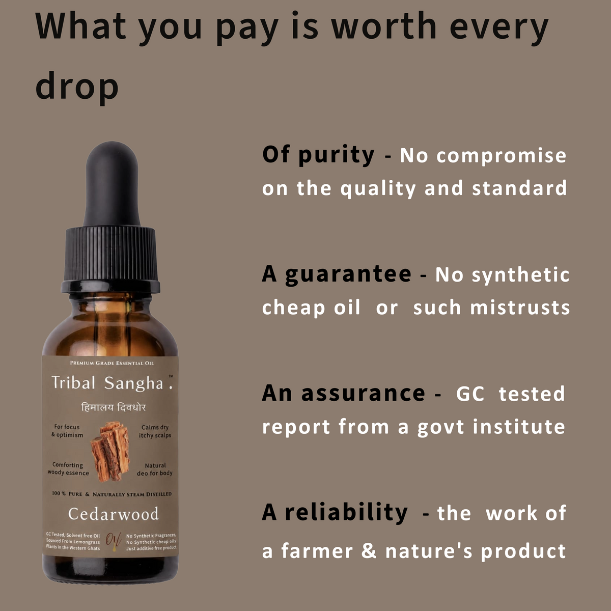 Himalayan cedarwood essential oil bottle highlighting purity, quality standards and GC testing