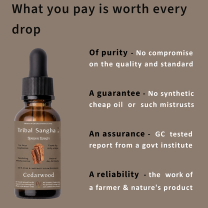 Himalayan cedarwood essential oil bottle highlighting purity, quality standards and GC testing