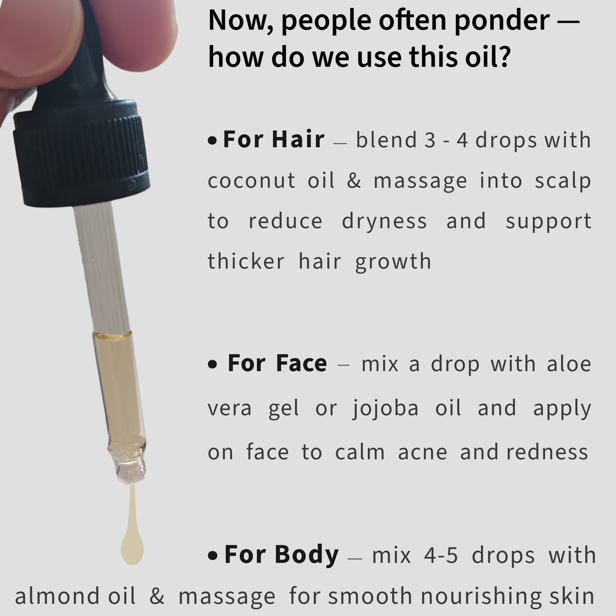 Himalayan lavender essential oil dropper with text explaining how to use the oil for skin nourishment, promoting thicker hair growth and calming redness