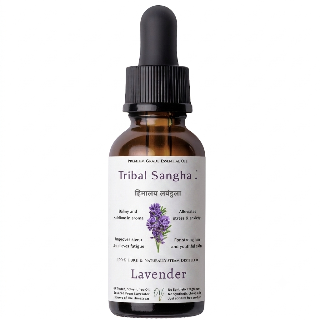100% pure and naturally steam-distilled Himalayan lavender essential oil bottle by Tribal Sangha