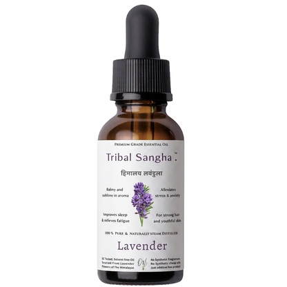 100% pure and naturally steam-distilled Himalayan lavender essential oil bottle by Tribal Sangha