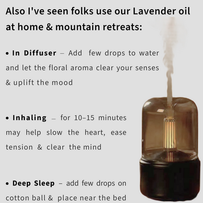 Himalayan lavender essential oil used with a diffuser with text describing its calming and sleep inducing benefits