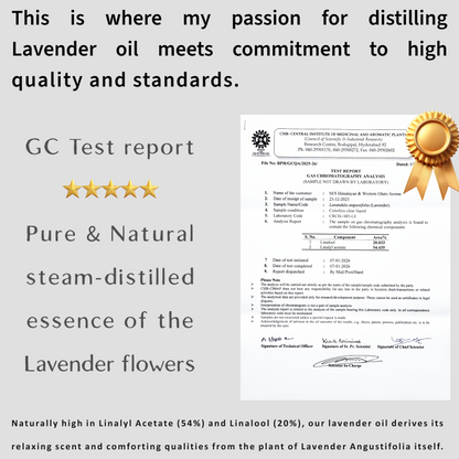 GC test report for Himalayan lavender essential oil showing 54% linalyl acetate content, pure steam-distilled and tested at CSIR-CIMAP