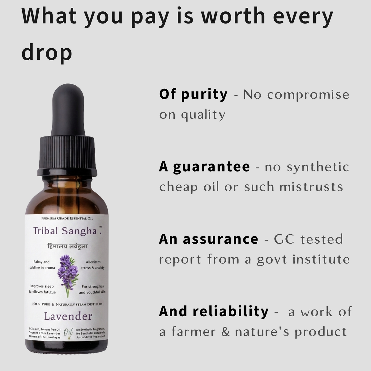 Himalayan lavender essential oil bottle highlighting purity, quality standards and GC testing