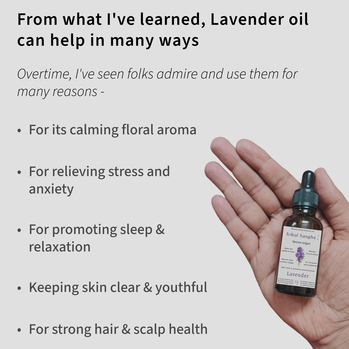 Himalayan lavender essential oil bottle held in hand with text describing its traditional uses and health benefits