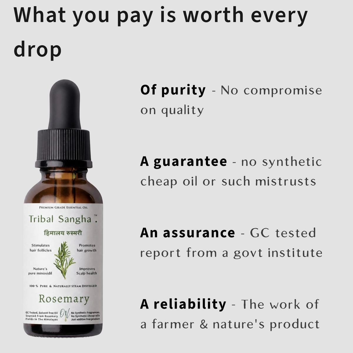 Himalayan rosemary essential oil bottle highlighting purity, quality standards and GC testing