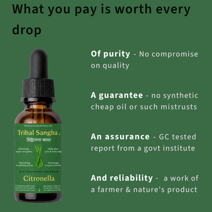 Java citronella essential oil bottle highlighting purity, quality standards, GC testing and reliable sourcing