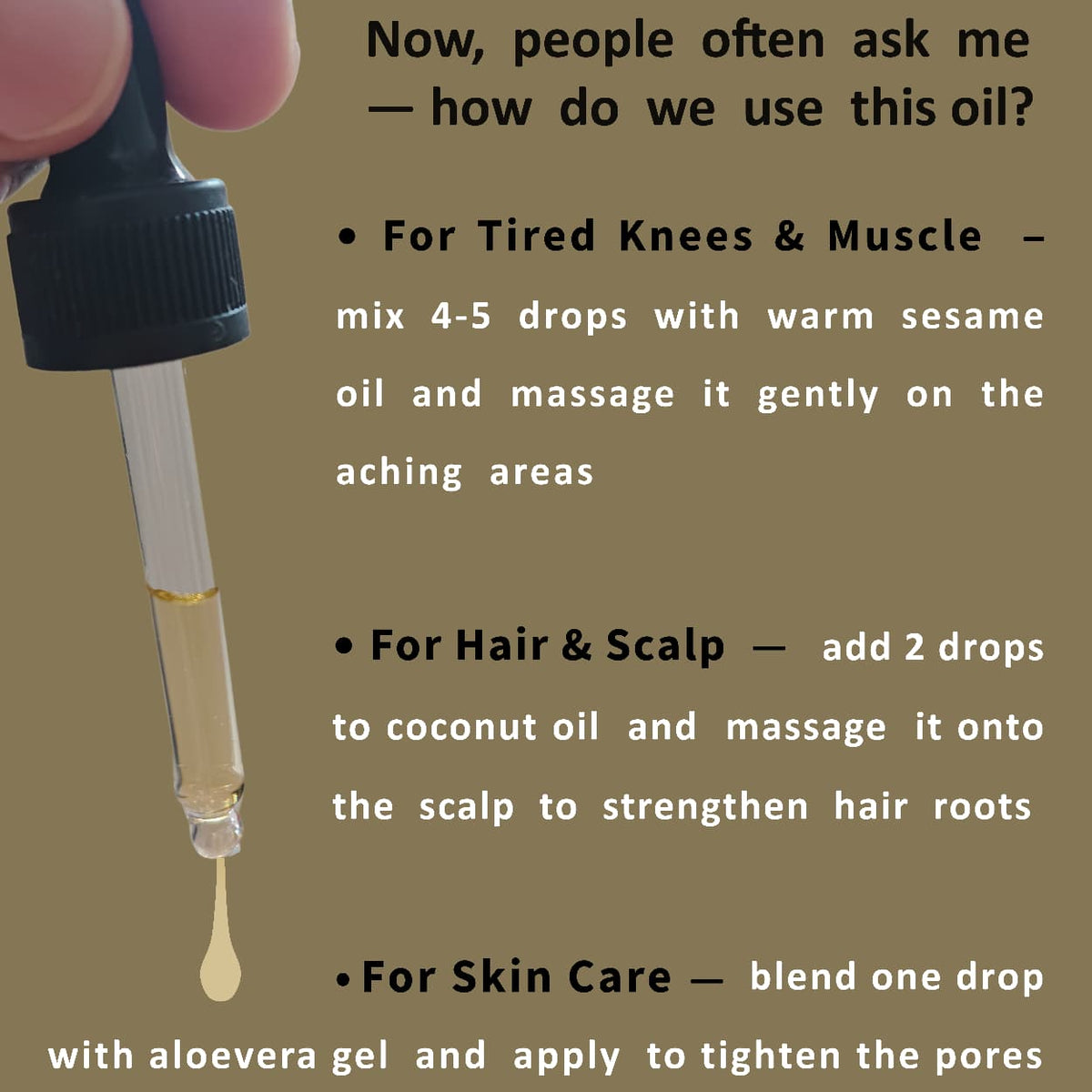 Kochi lemongrass essential oil dropper with text explaining how to use the oil for tired knees and muscles, hair and scalp, and skin care