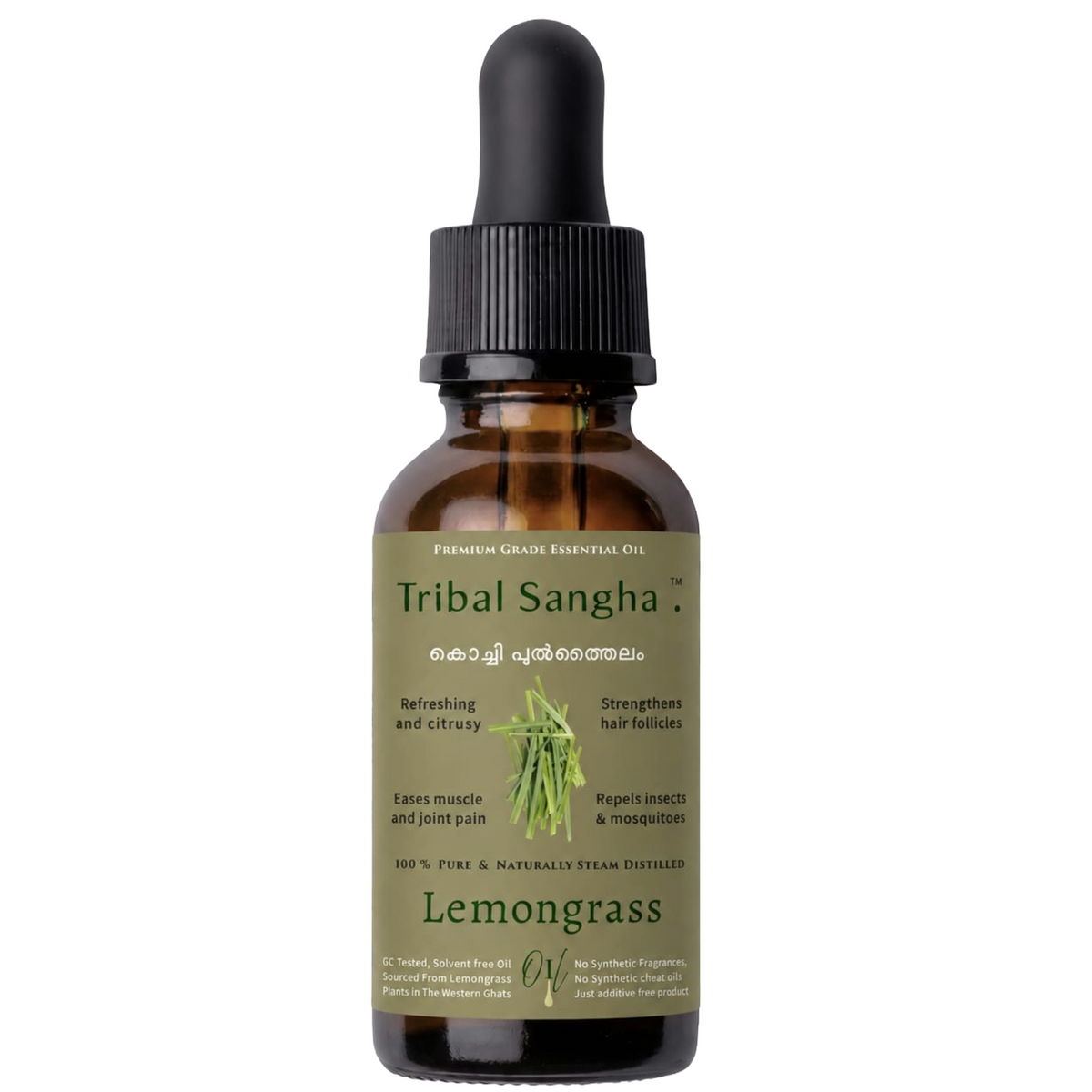 100% pure and naturally steam-distilled Kochi lemongrass essential oil bottle by Tribal Sangha