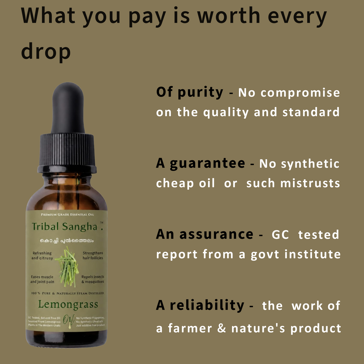 Kochi lemongrass essential oil bottle highlighting purity, quality standards and GC testing