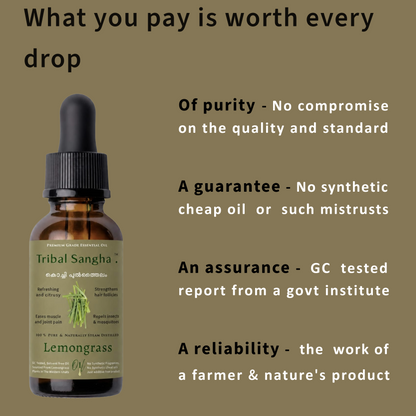 Kochi lemongrass essential oil bottle highlighting purity, quality standards and GC testing