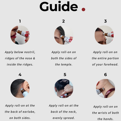 Migraine and headache ease roll-on application guide showing use beneath the nostrils, on the temples, forehead, behind the ears, neck and wrists