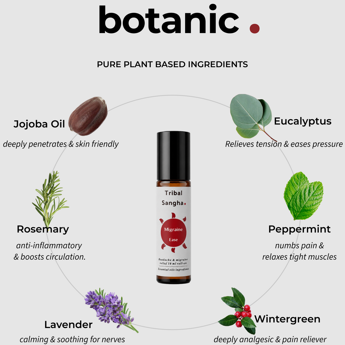 Migraine and headache ease roll-on showing jojoba oil, eucalyptus, peppermint, wintergreen, rosemary and lavender ingredients