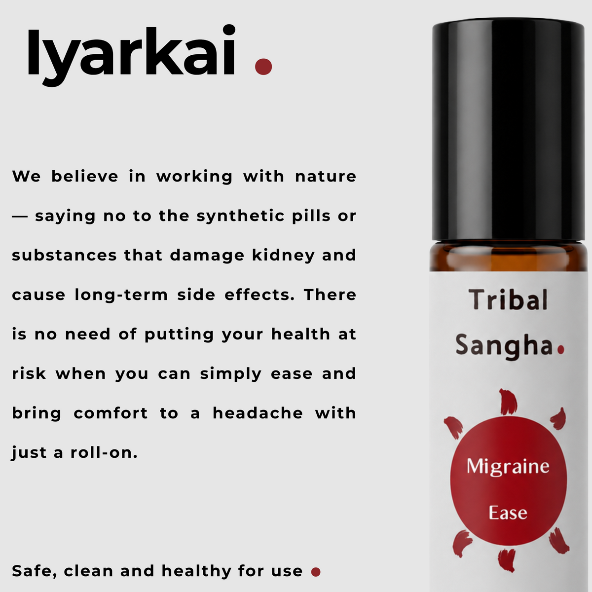 Migraine and headache ease roll-on highlighting Tribal Sangha's Iyarkai philosophy and plant-based approach