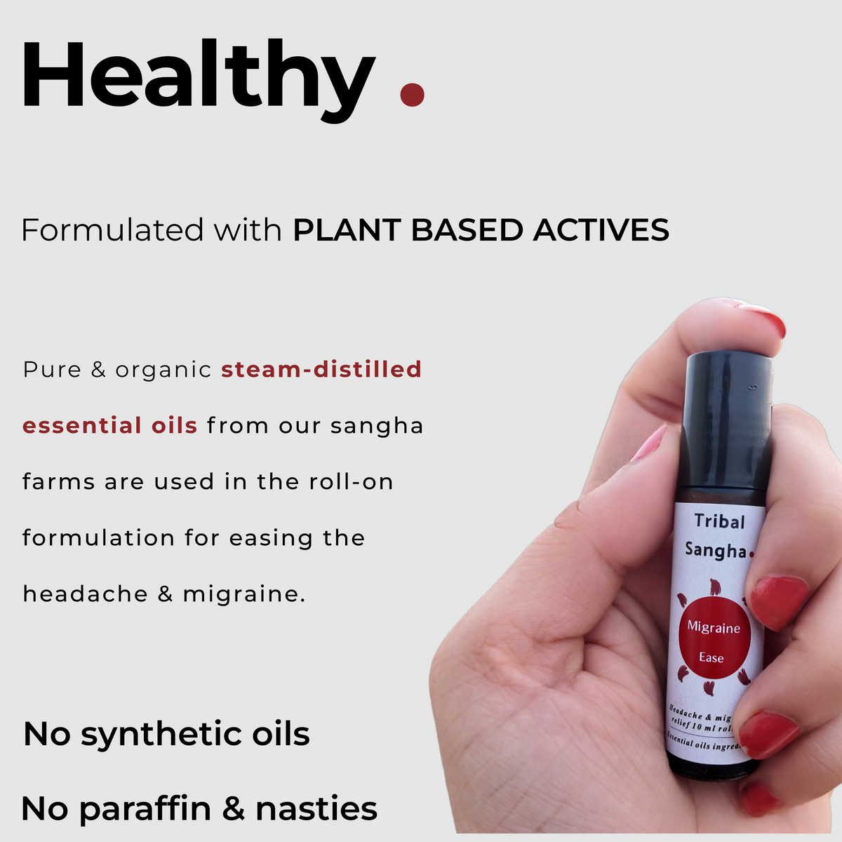 Migraine and headache ease roll-on formulated with plant-based, steam-distilled essential oils