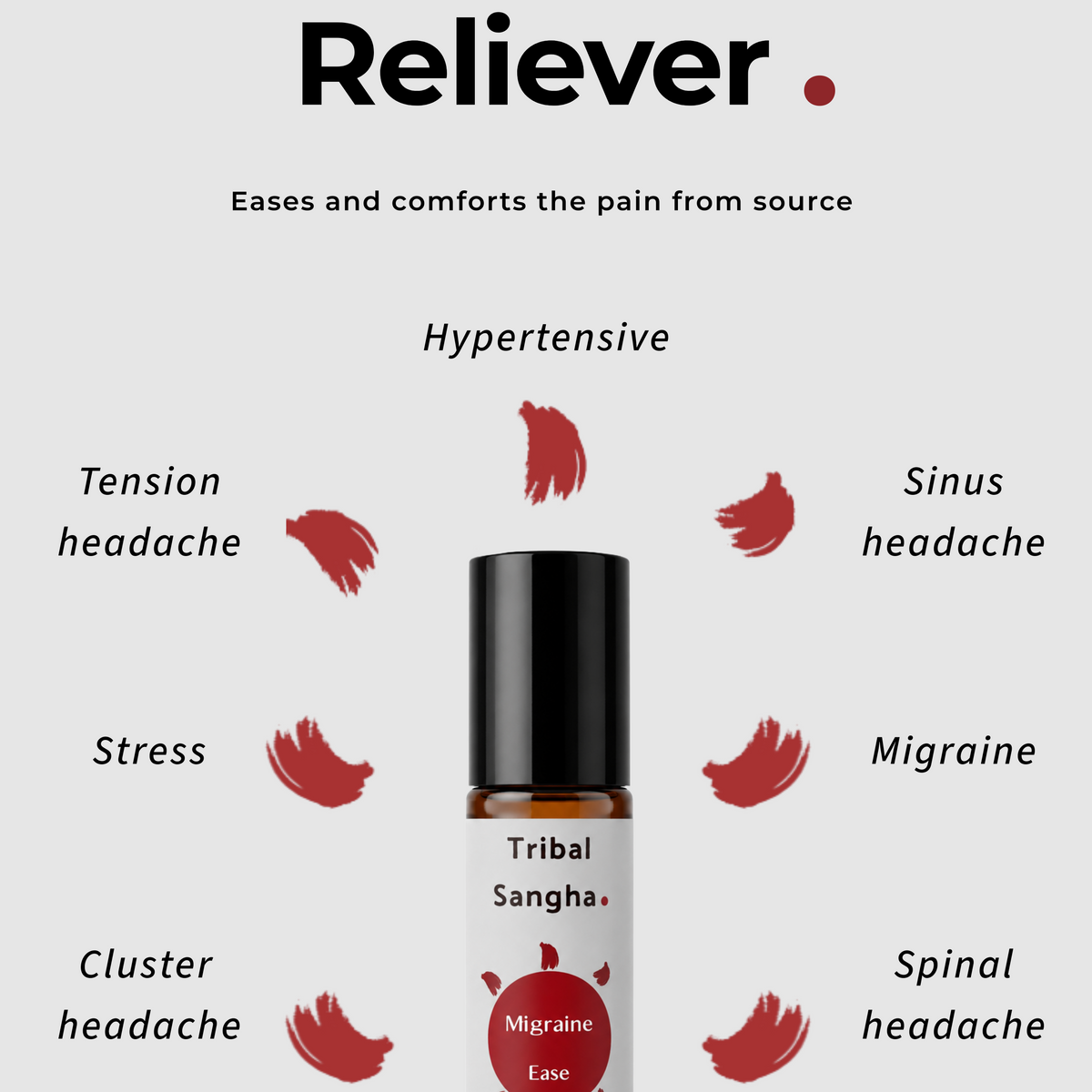Migraine and headache ease roll-on graphic showing common headache and migraine concerns including tension, sinus, stress and cluster headaches