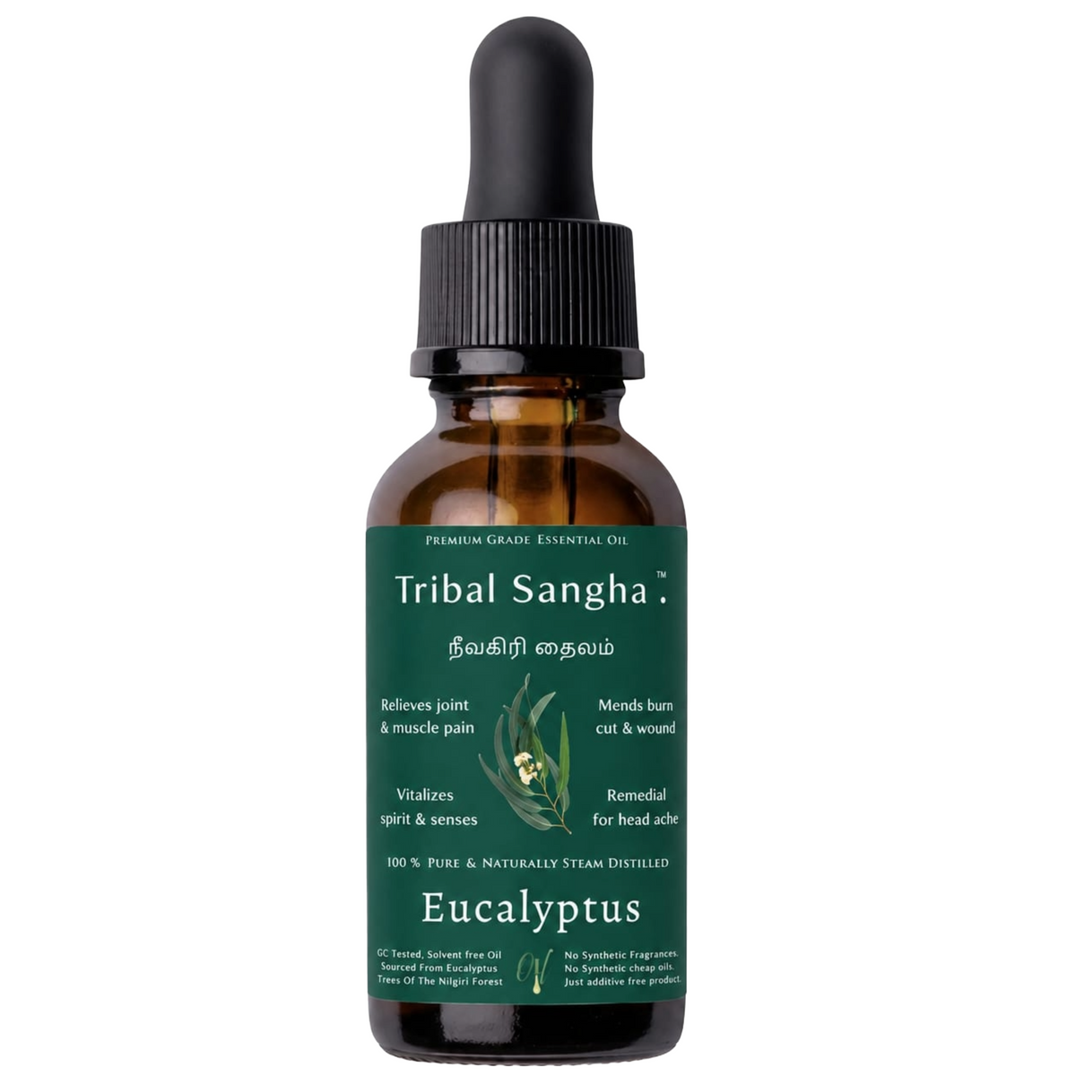 100% pure and naturally steam-distilled Nilgiris eucalyptus essential oil bottle by Tribal Sangha