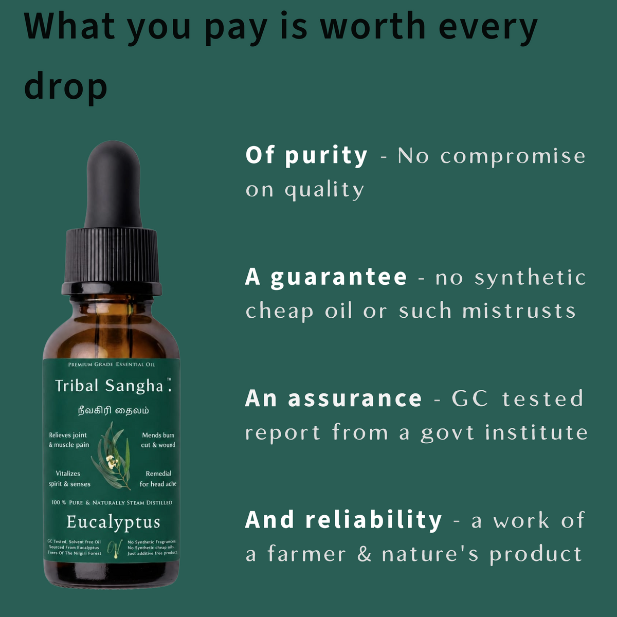 Nilgiris essential oil bottle highlighting purity, GC testing and sourcing