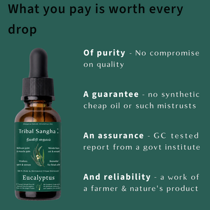 Nilgiris essential oil bottle highlighting purity, GC testing and sourcing