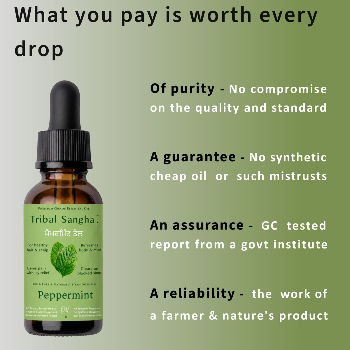 Peppermint essential oil bottle highlighting purity, quality standards and GC testing