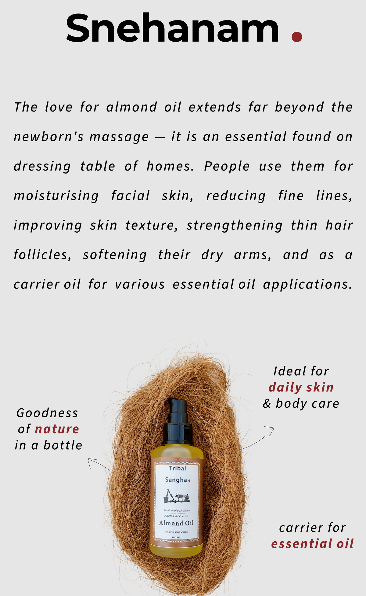 Stone pressed almond baby oil for adult body massage, facial skin care, strengthening hair and essential oil blending