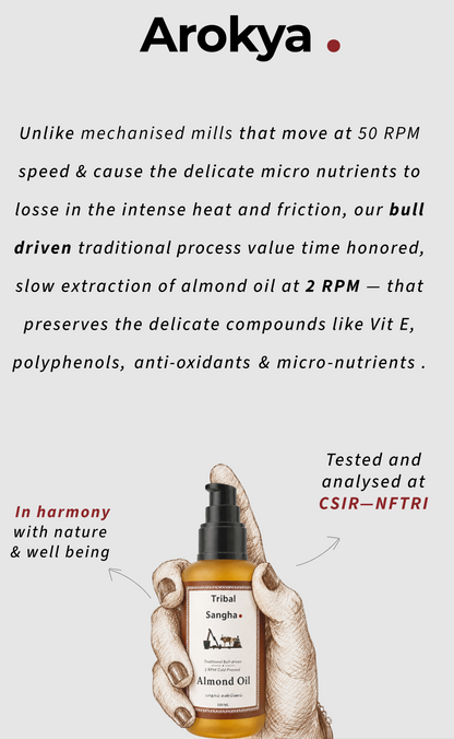 Stone pressed almond baby oil highlighting slow traditional extraction process at 2 RPM and quality testing at CSIR-CFTRI