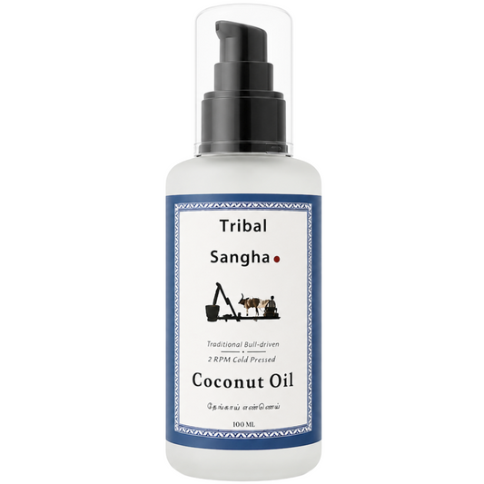 Stone pressed coconut baby oil bottle by Tribal Sangha