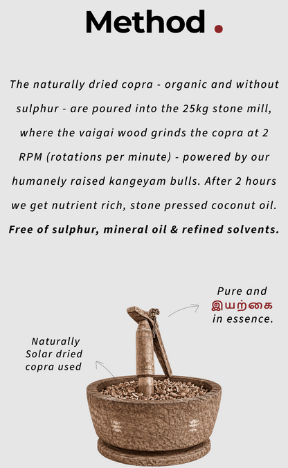 Stone pressed coconut baby oil made from naturally dried copra in a traditional 25kg bull-driven stone mill