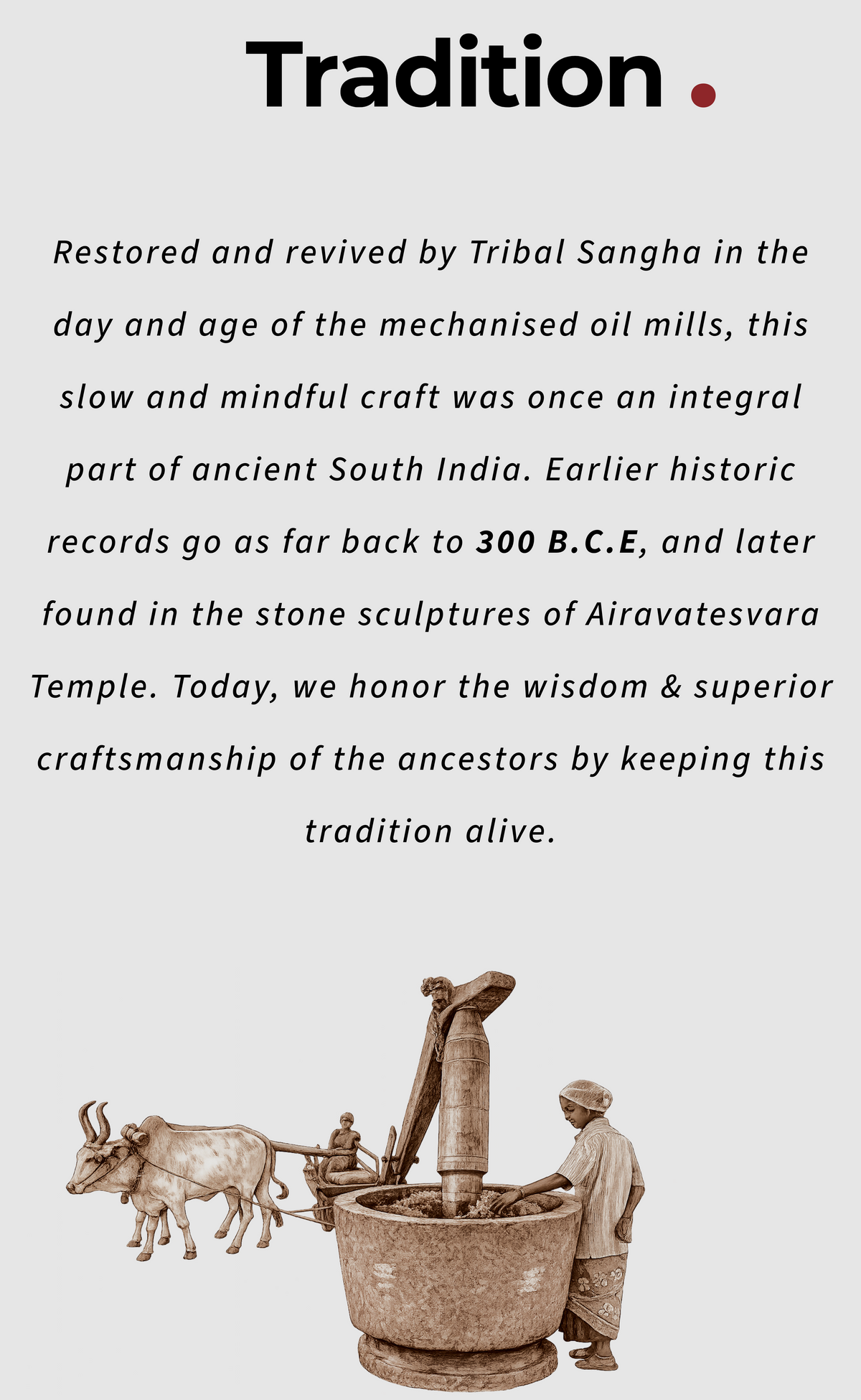 Stone pressed coconut baby oil highlighting the traditional bull-driven stone milling craft