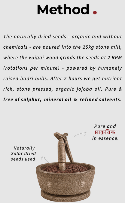 Stone pressed jojoba baby oil made from naturally dried seeds in a traditional 25kg bull-driven stone mill