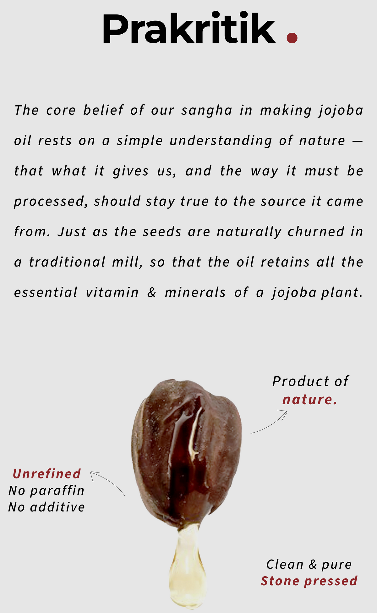 Stone pressed jojoba baby oil highlighting the iyarkai philosophy, its commitments and natural traditional extraction