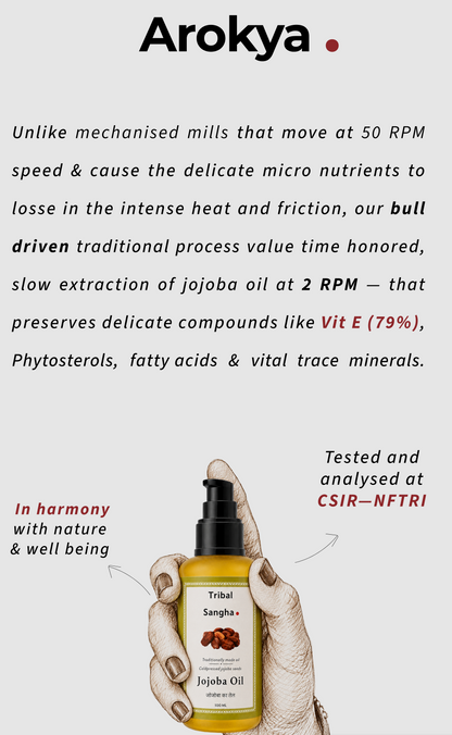 Stone pressed jojoba baby oil highlighting slow traditional extraction process at 2 RPM and quality testing at CSIR-CFTRI