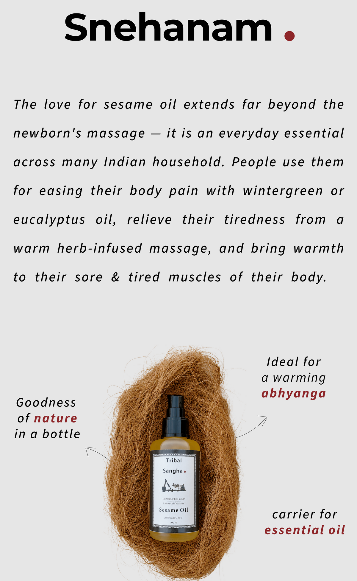 Stone pressed sesame baby oil for adult massage, and easing body and muscle aches with essential oil blending