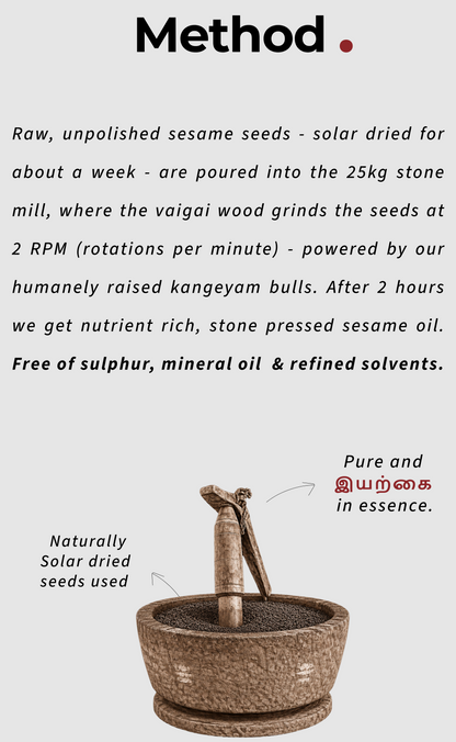 Stone pressed sesame baby oil made from naturally dried seeds in a traditional 25kg bull-driven stone mill