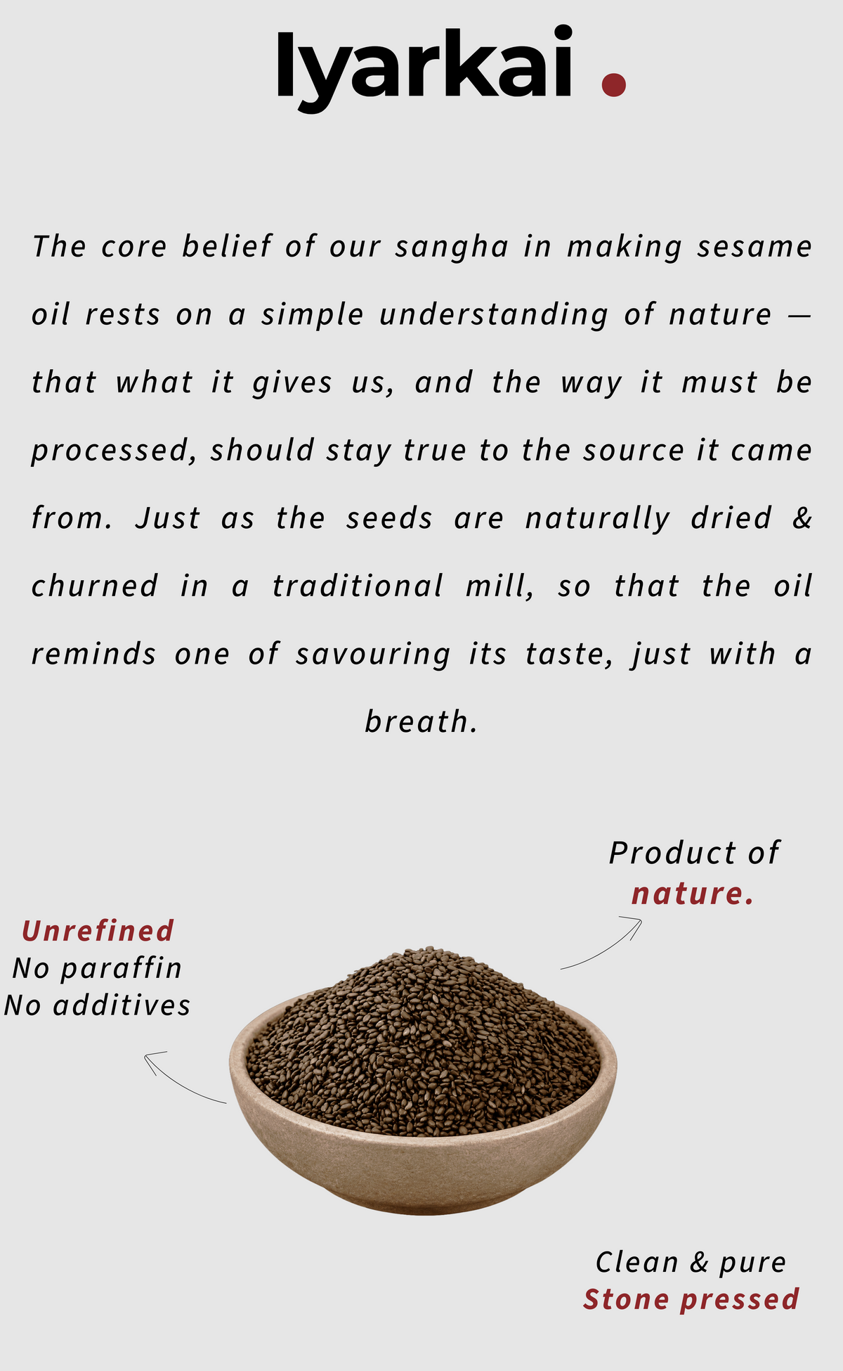 Stone pressed sesame baby oil highlighting the iyarkai philosophy and natural traditional extraction