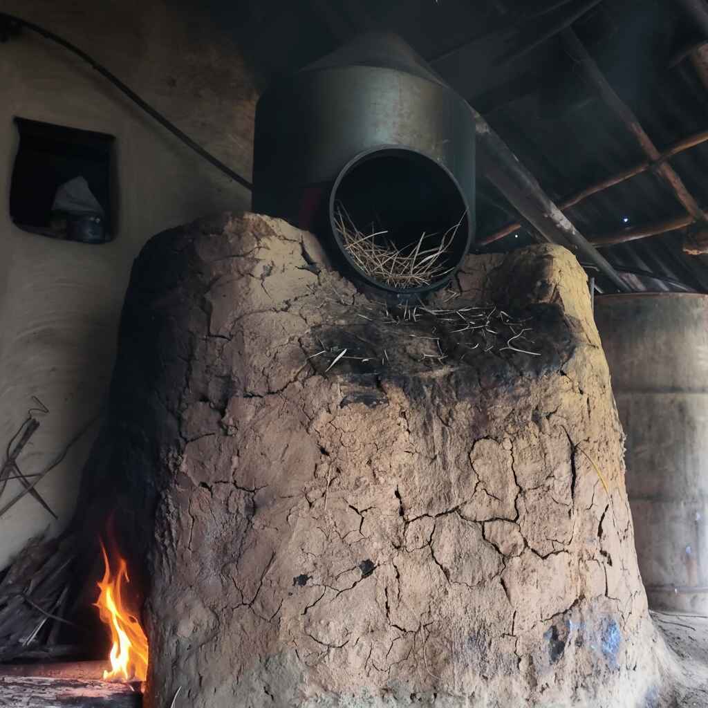 Traditional mud-built furnace and metal vessel used for steam distillation of aromatic plants