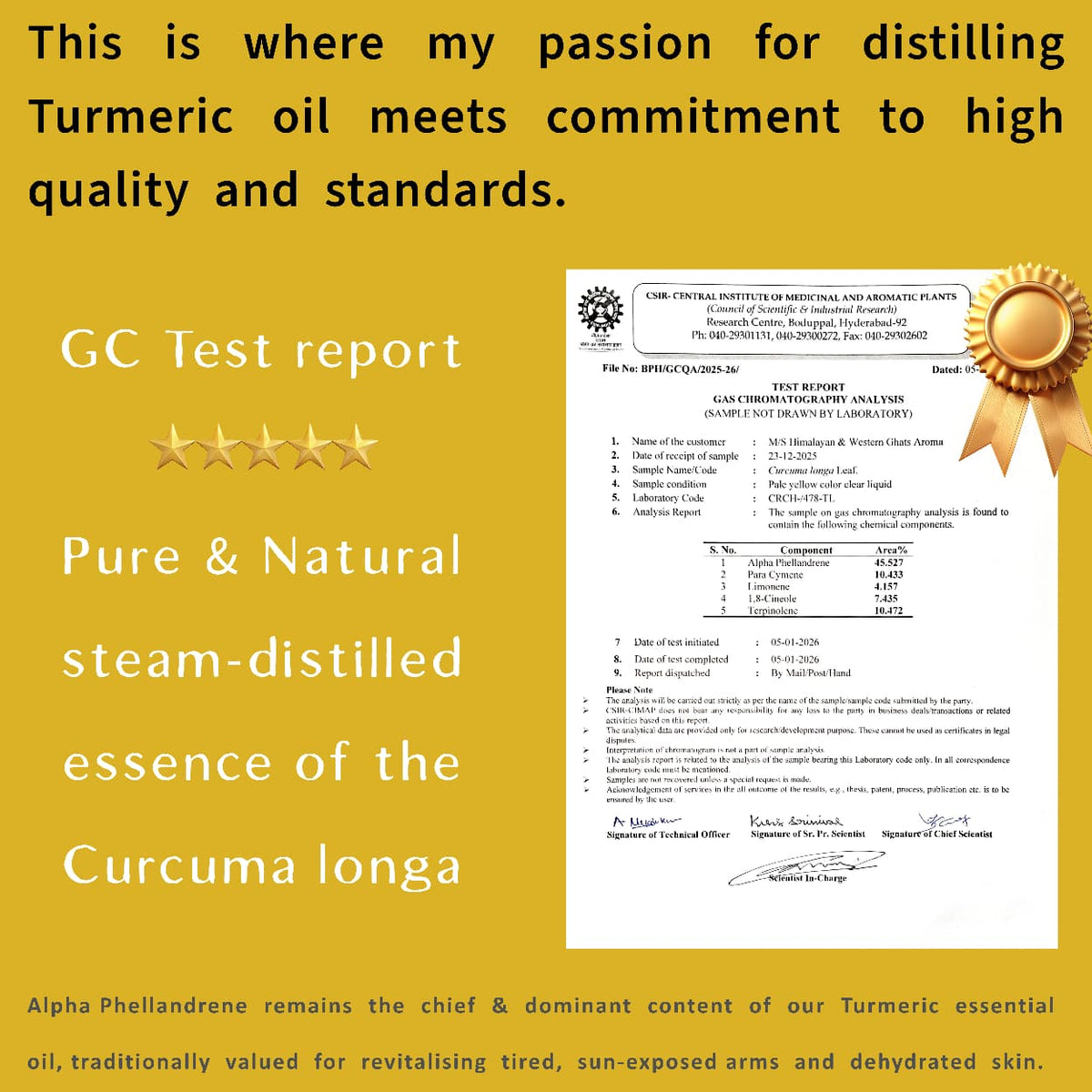 GC test report for turmeric essential oil showing content of curcuma longa, pure steam-distilled and tested at CSIR-CIMAP