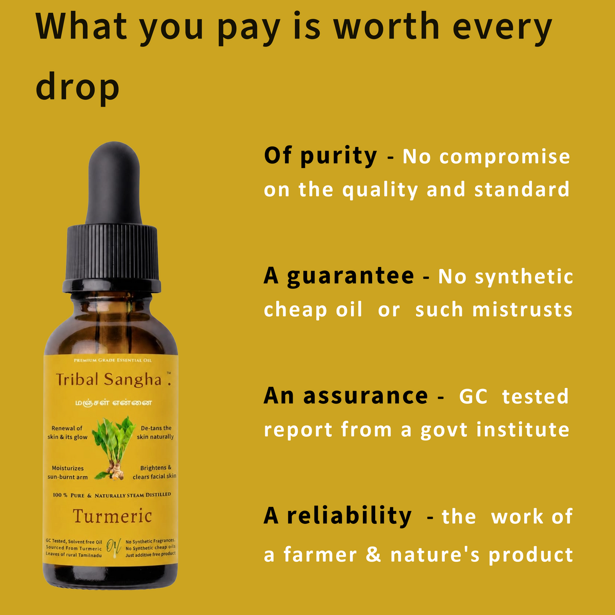 Turmeric essential oil bottle highlighting purity, quality standards, GC testing and natural sourcing